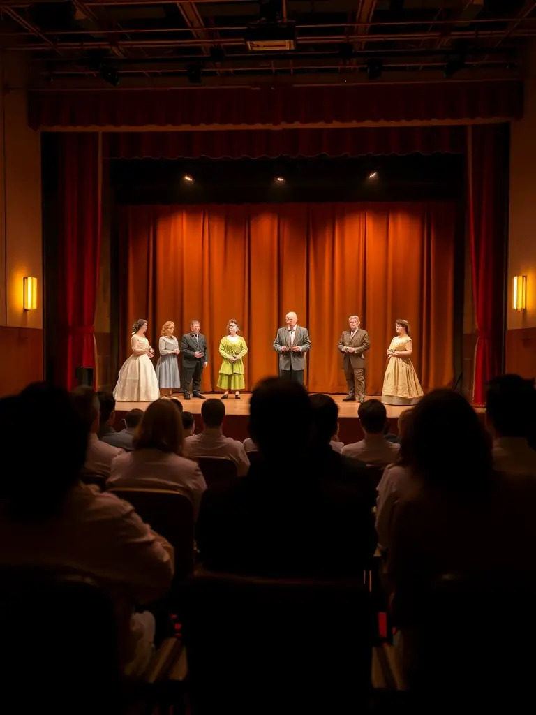 A vibrant image of a community theater performance, with diverse actors on stage and an engaged audience, reflecting the inclusive nature of QUARTIERS LIBRES' community programs.