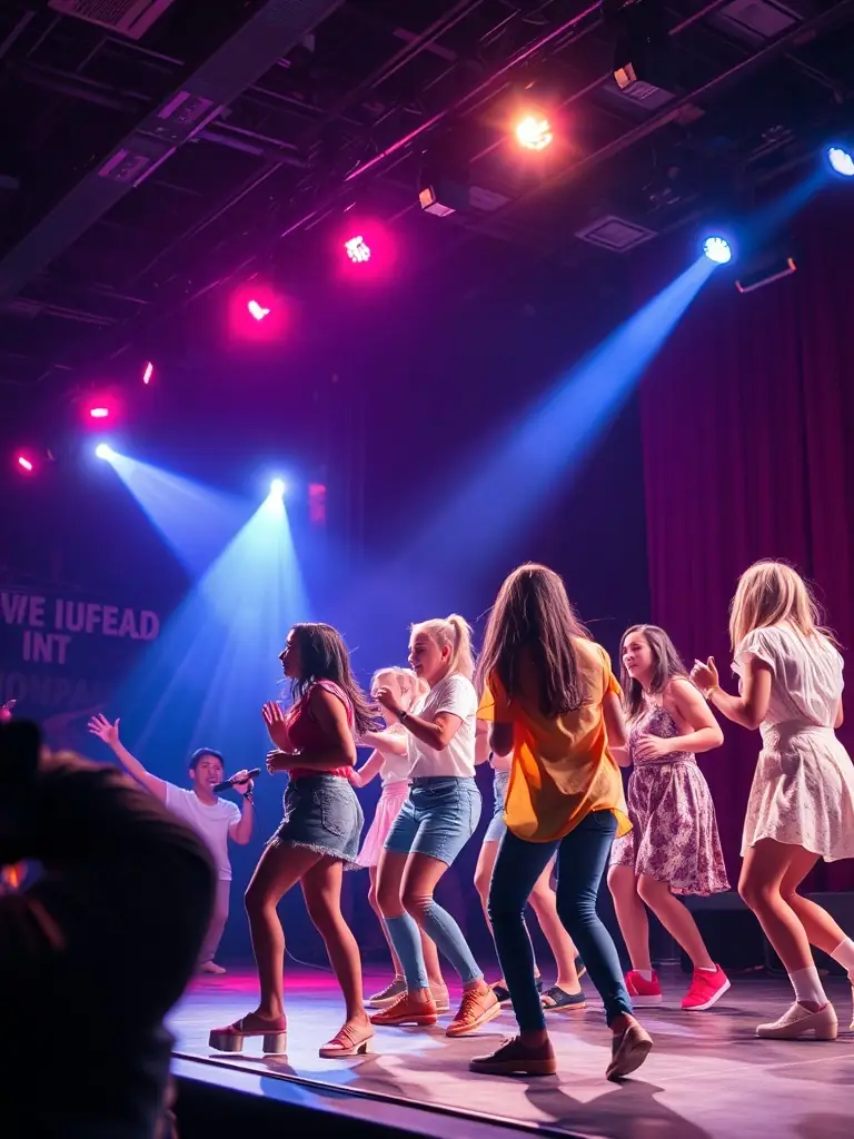 A diverse group of performers on stage during a community performance event organized by QUARTIERS LIBRES, emphasizing inclusivity and cultural engagement.
