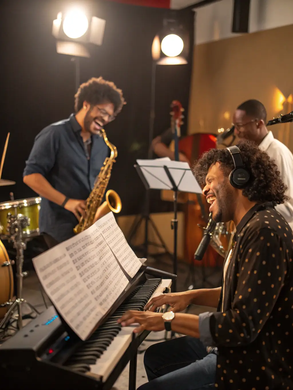 A brightly lit rehearsal space with musicians practicing various instruments, showcasing QUARTIERS LIBRES' support for artistic development.