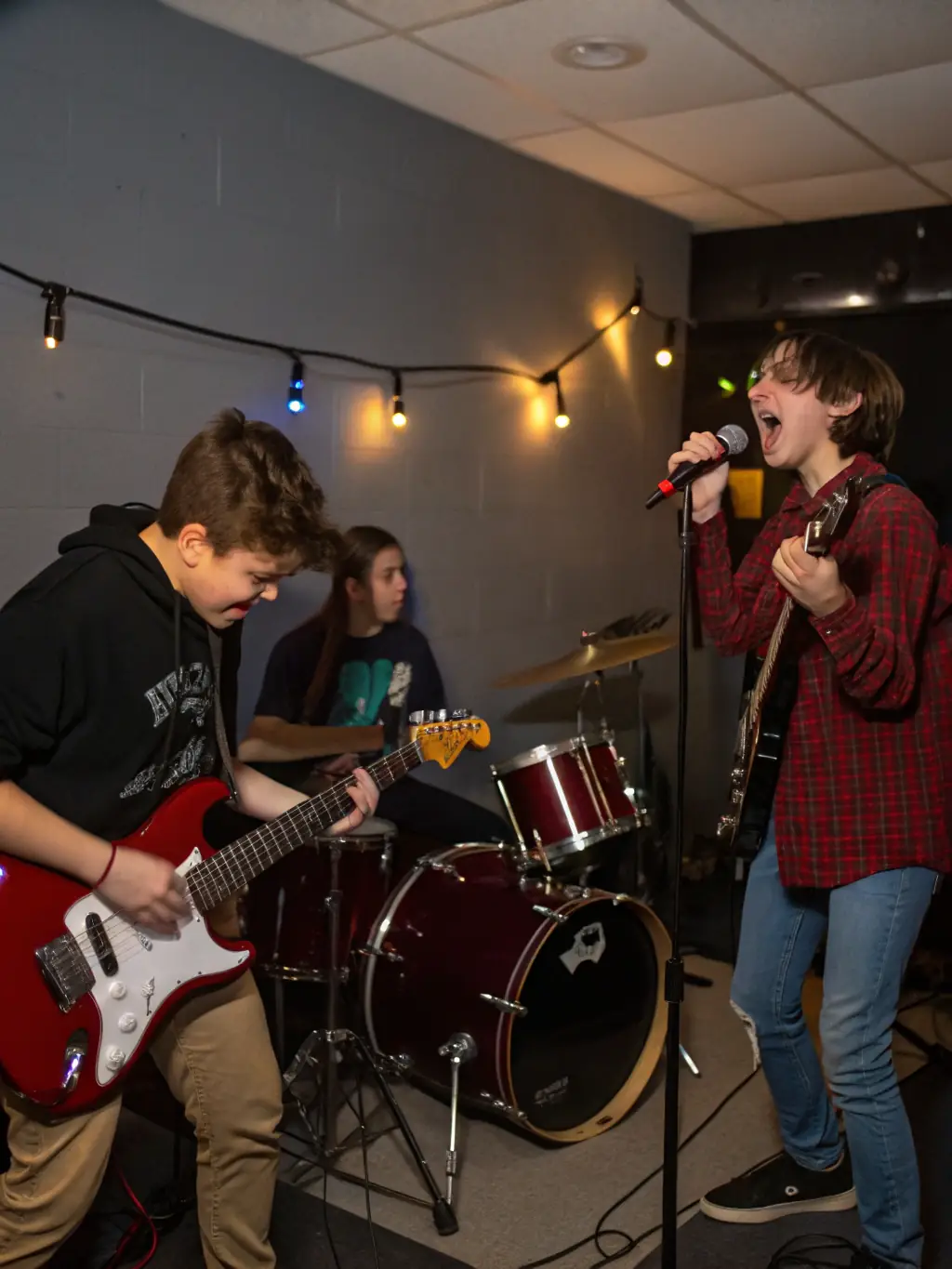 A picture of musicians practicing in a soundproofed room, highlighting the professional rehearsal facilities available at QUARTIERS LIBRES for musical artists.