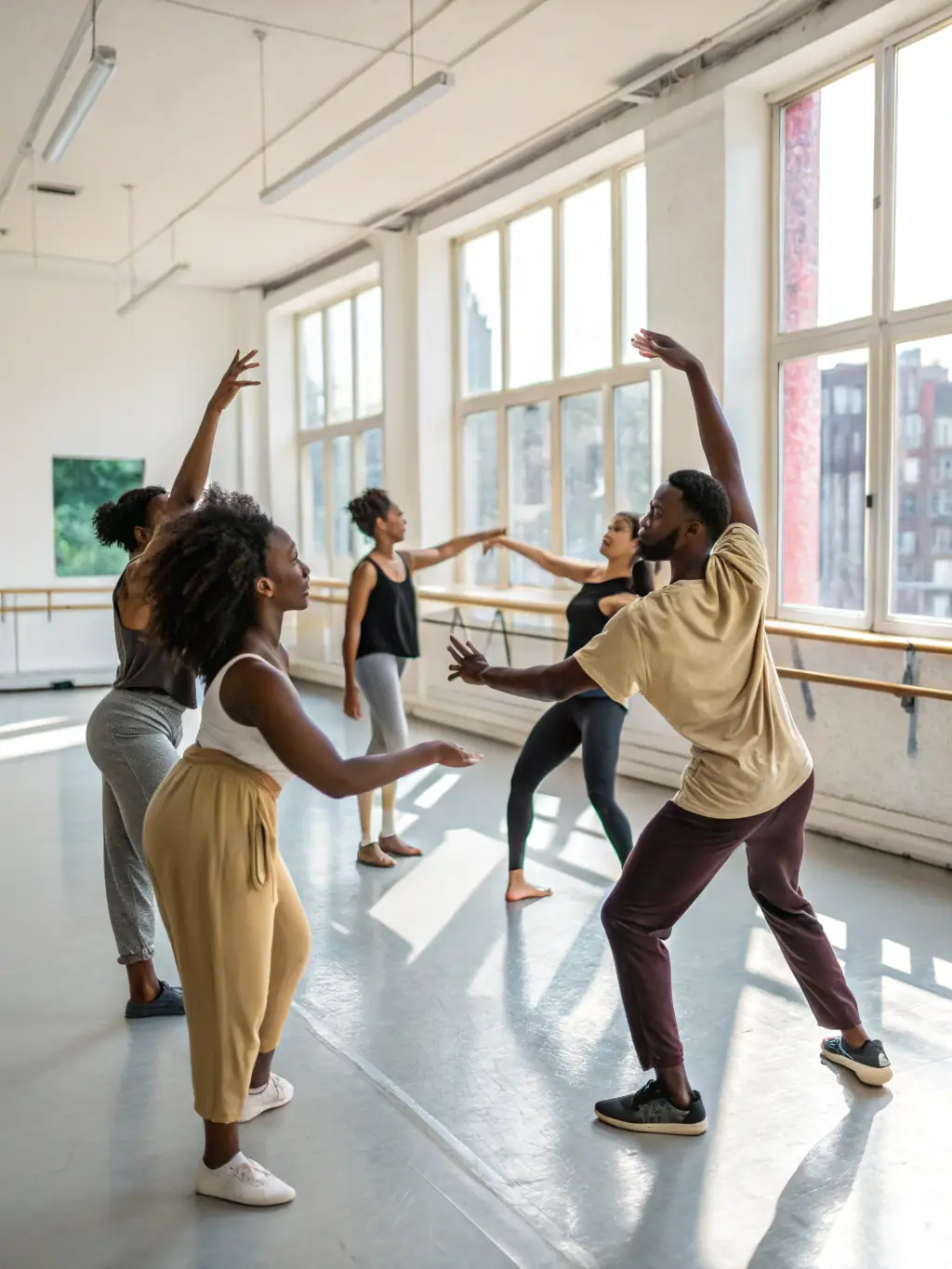 A photo of artists in a rehearsal studio, working on choreography with a dance instructor, showcasing the collaborative and supportive environment provided by QUARTIERS LIBRES.